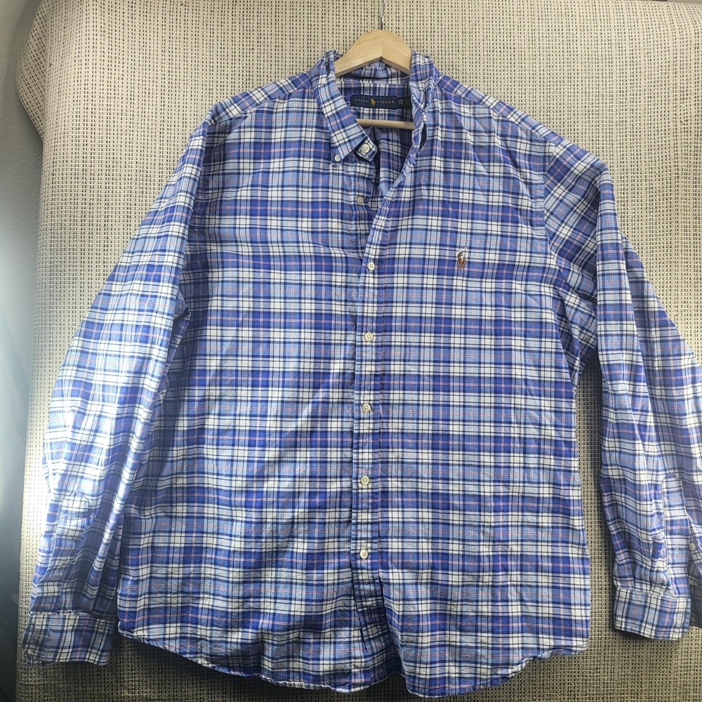 Ralph Lauren Shirt Mens 2XL Blue Plaid Button Down Long Sleeve Pony‎ Logo Casual